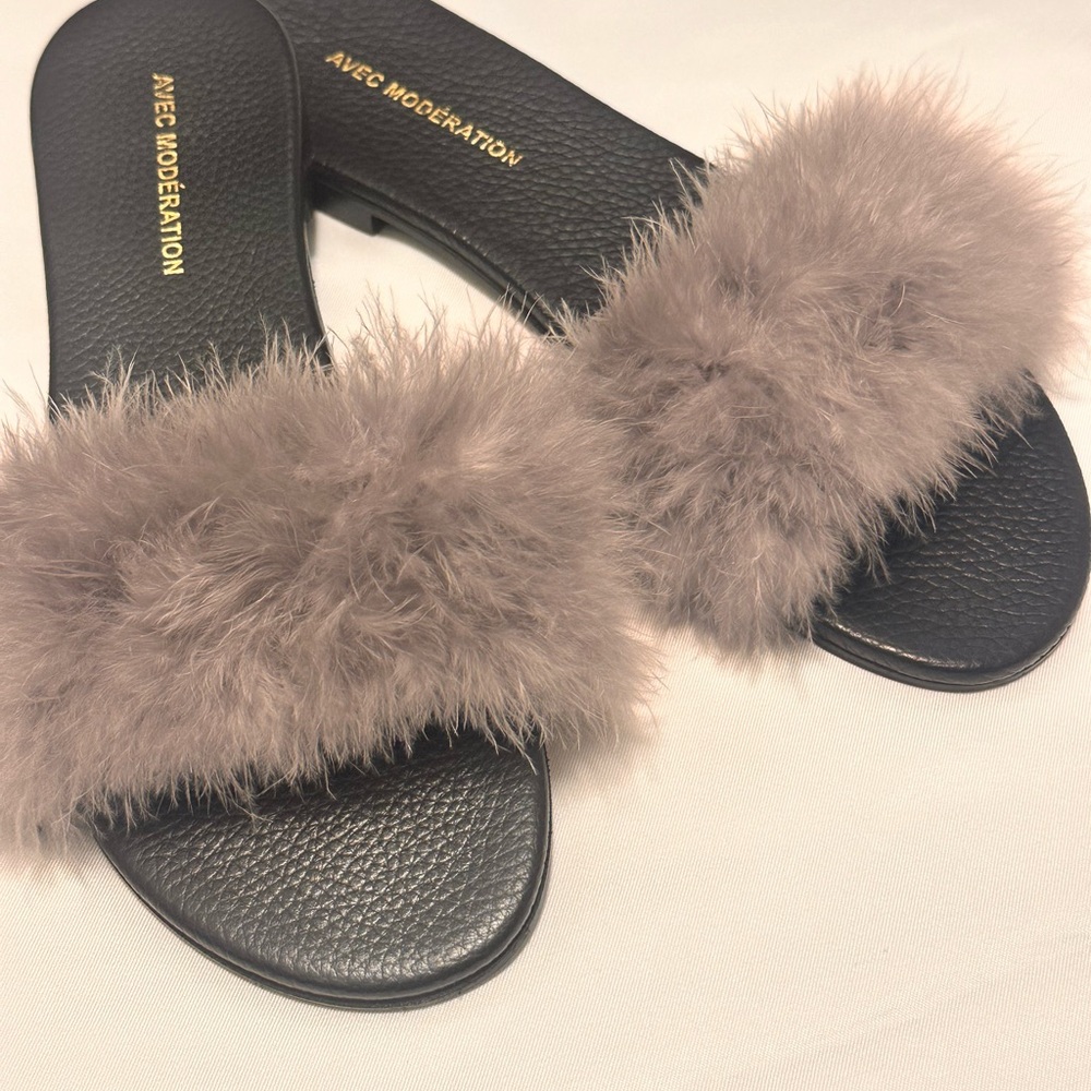 Avec Moderation  Black and Gray Fur Slippers
